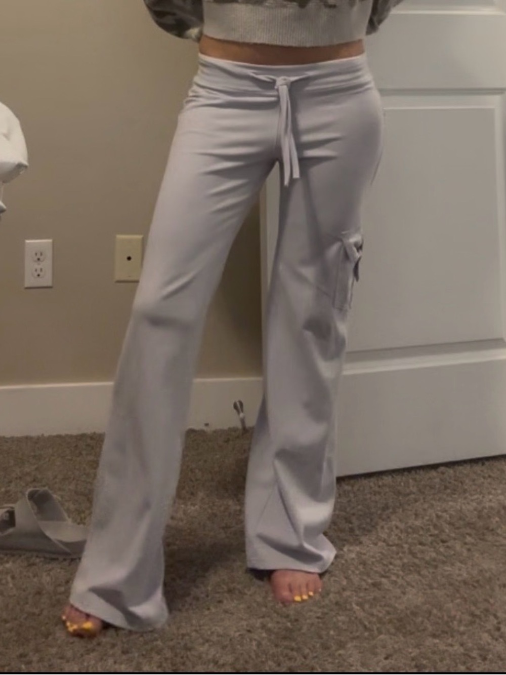 Light Gray Wide-Leg Drawstring Cargo Sweatpants